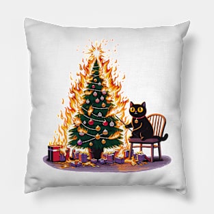 Black Cat Burning Christmas Tree Pillow