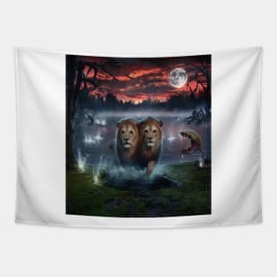 AI generated lost lion with two heads Tapestry