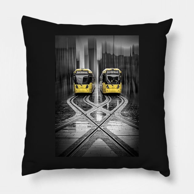 Two Yellow Trams at Stop in Manchester Pillow by TonyNorth