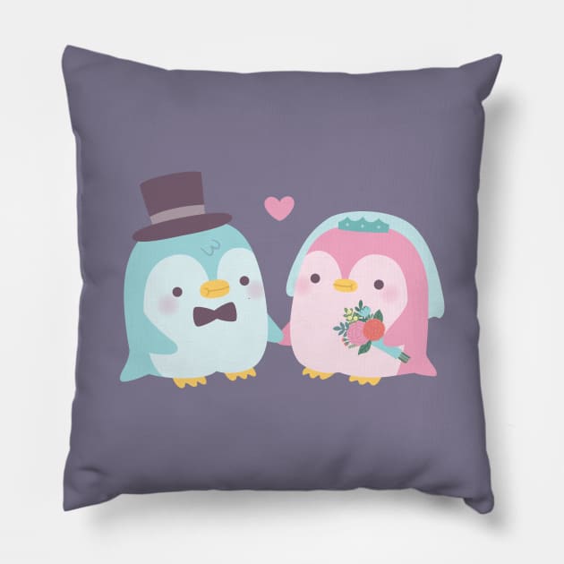Cute Wedding Couple Penguin Groom and Bride Pillow by rustydoodle