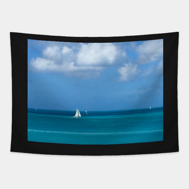 White Sailboat in Antigua Tapestry by ephotocard