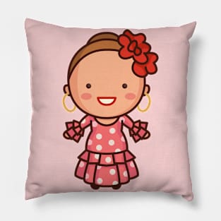 Cute Spanish Woman in Traditional Polka Dot Dress Pillow