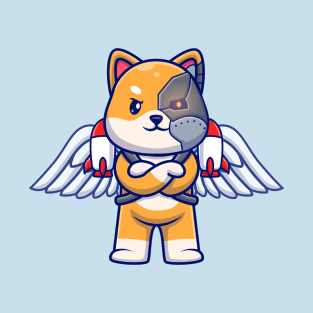 Cute Shiba Inu Robot Cyborg With Wing And Rocket Cartoon T-Shirt