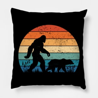 Vintage Bigfoot Hiking With Bear Retro Sunset Outdoor Pillow