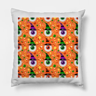 Eyes with hat in candyland on orange Pillow