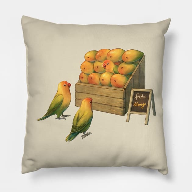 Lovebird Parrots and Mangos Pillow by Mazarineart
