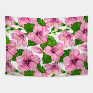 Pink hibiscus watercolor pattern Tapestry