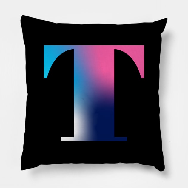 Capital Letter T Monogram Gradient Pink Blue White Pillow by Terriology