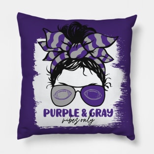 Purple and Gray Vibes Only Football Mom Messy Hair Gameday Pillow