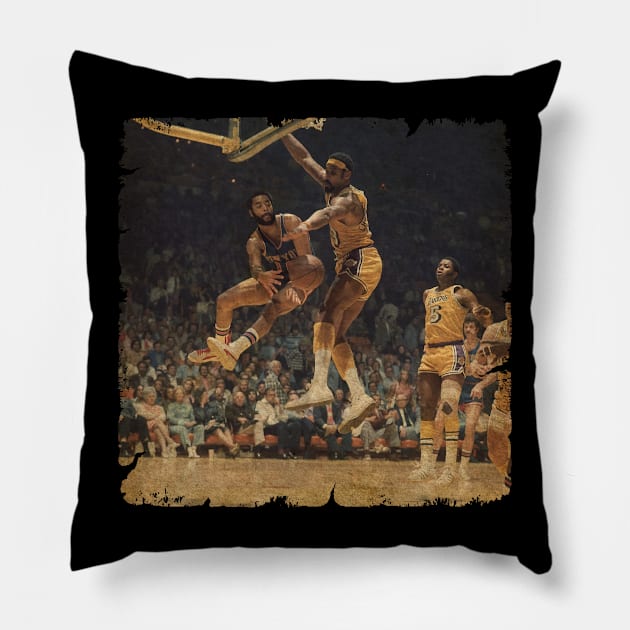 Walt Frazier Wrapping a Pass Around Wilt Chamberlain in Game 2 of The 1973 NBA Finals Pillow by Wendyshopart