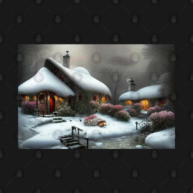 Magical Fantasy House with Lights in a Snowy Scene, Fantasy Cottagecore artwork by Promen Art