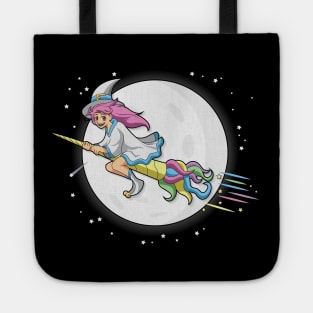 Cute Good/Bad Witch Riding Unicorn Horn Broomstick with Rainbow Bristles Tote