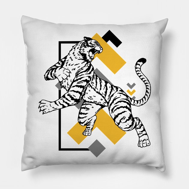 Retro 80s Black and Gold Tiger on the Attack // Vintage Geometric Shapes Background Pillow by SLAG_Creative