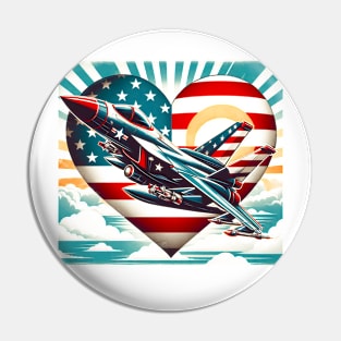 Retro Fighter Jet Airplane American Flag Heart 4Th Of July Pin