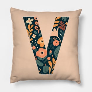 Whimsical Floral Letter V Pillow