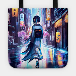 Cyberpunk girl in the streets of tokyo Tote