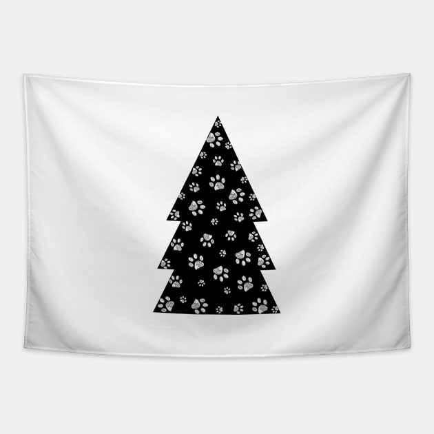 Doodle white paw prints with black Christmas tree Tapestry by GULSENGUNEL