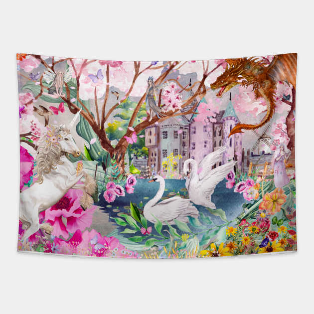 Sakura Swans Tapestry by Phatpuppy Art