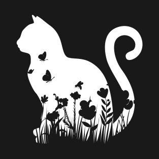 Cute Floral cat, kitten silhouette flowers T-Shirt