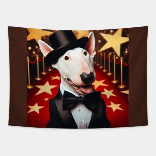 Happy bull terrier wearing tuxedo and hat in front of stars Tapestry