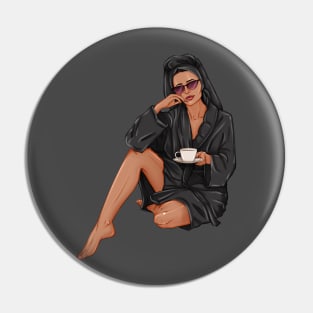 woman with cup of tea in black spa robe Pin