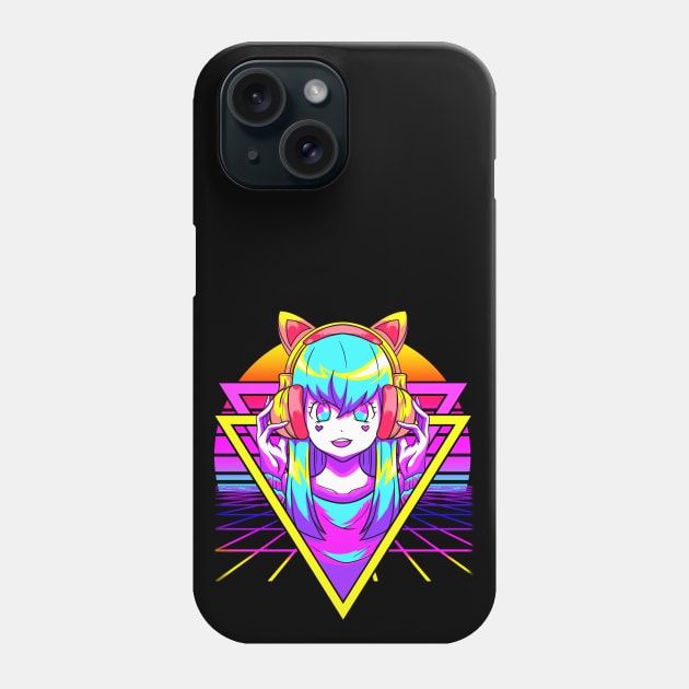 Vaporwave Anime Girl Otaku Sunset Geometric Grid Phone Case by EPDesignStudio