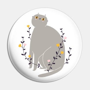 Grey British cat with flowers Pin