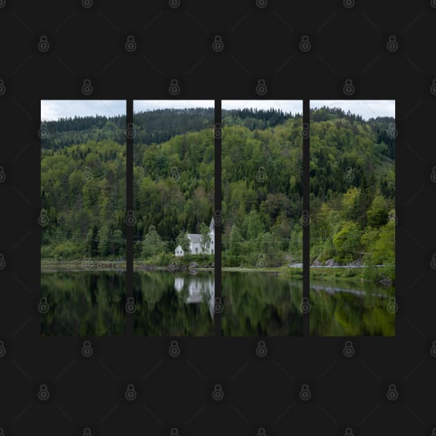 Wonderful landscapes in Norway. Vest-Agder. Beautiful scenery of whtite Gyland church reflecting in the lake. Mountains, road and trees in the background by fabbroni-art