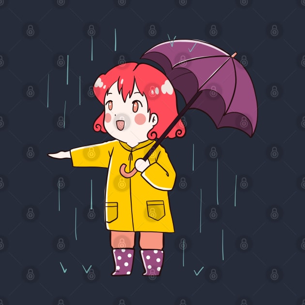 Cute Chibi Anime Girl Rainy Day Illustration by MariOyama