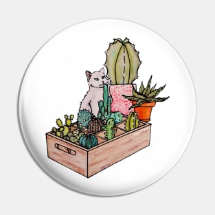 Watercolor Cat with a box of cacti Pin