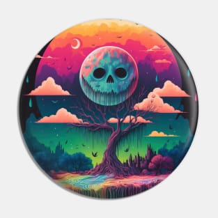 A Full Skull Moon Smiles Down On You - Psychedelic Landscape - Paint Dripping 3D Illustration - Colorful Haunted Nature Scene Pin