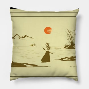 Riverside Serenity: Hand-drawn Samurai Watching Sunset Pillow