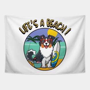 Funny Collie Dog is chilling on the beach Tapestry