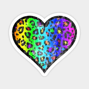 Distressed Dark Rainbow Leopard Print Heart Magnet