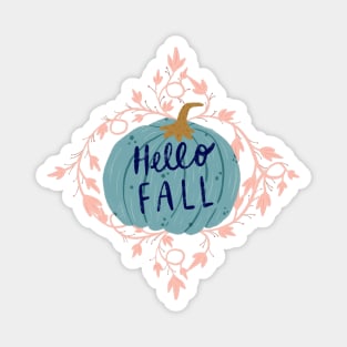 "Hello Fall" hand lettering on a big blue pumpkin with pink leaves Magnet