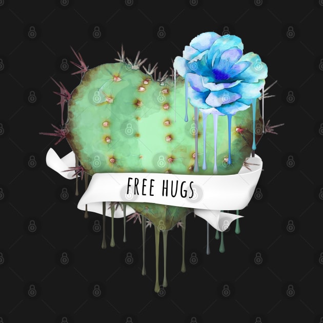 Cactus heart watercolor blue flower free hugs by Collagedream