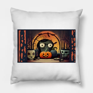 Cartoon Character Surrounded by Pumpkins and Skulls Pillow