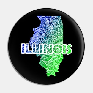 Colorful mandala art map of Illinois with text in blue and green Pin