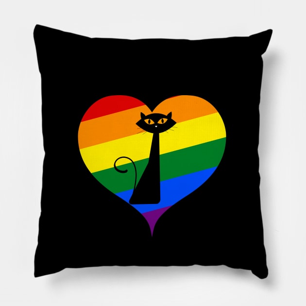 Black Cat LGBT Love Is Love Heart Support Pride Month Pillow by Karin Wright