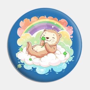 Kawaii sea Otters holding a four-leaf clover in St. Patrick's Day Celebration rainbow Pin