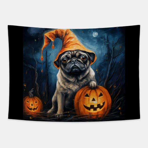 Cream Pug Halloween Tapestry by NatashaCuteShop