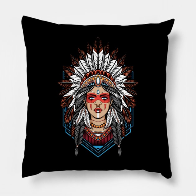 Warrior indian girl tribal Pillow by Pixel Poetry