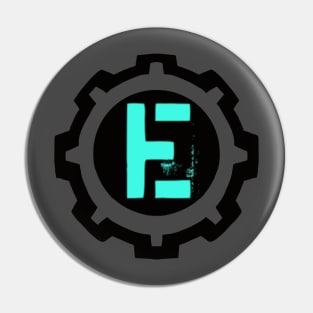 Ice Blue Letter E in a Black Industrial Cog Pin