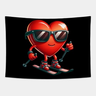 Heart Showing Skiing Skills Valentines Day Men Womens Boys Tapestry