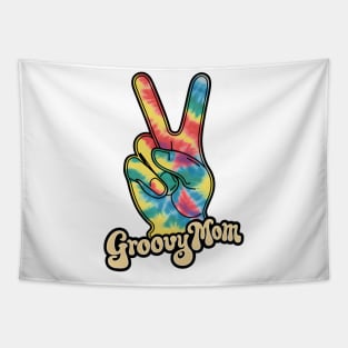 "Groovy Mom Peace Sign Hand Tie-Dye" - Retro Cute Hipster Tapestry