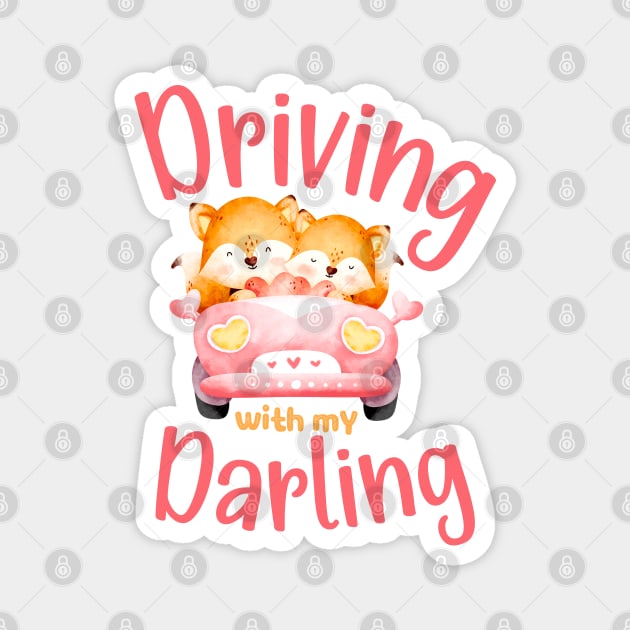 Driving with My Darling - Cute Fox Valentines Couples Pink Magnet by Enriched by Art