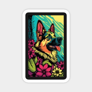 German Shepherd Dog Vibrant Tropical Flower Tall Retro Vintage Digital Pop Art Portrait 2 Magnet