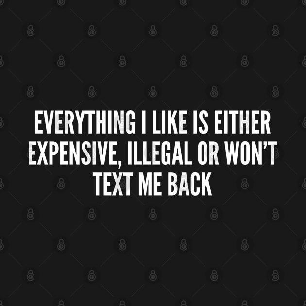 Humor - Everything I Like Is Either Expensive, Illegal Or Won't Text Me Back - Funny Slogan Witty Statement by sillyslogans