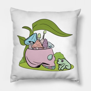 Skull filled with mushrooms chilling with a frog Pillow