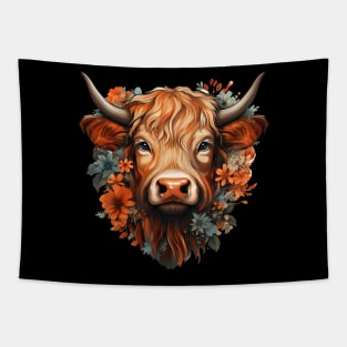 Highland cow colorful floral Illustration Tapestry